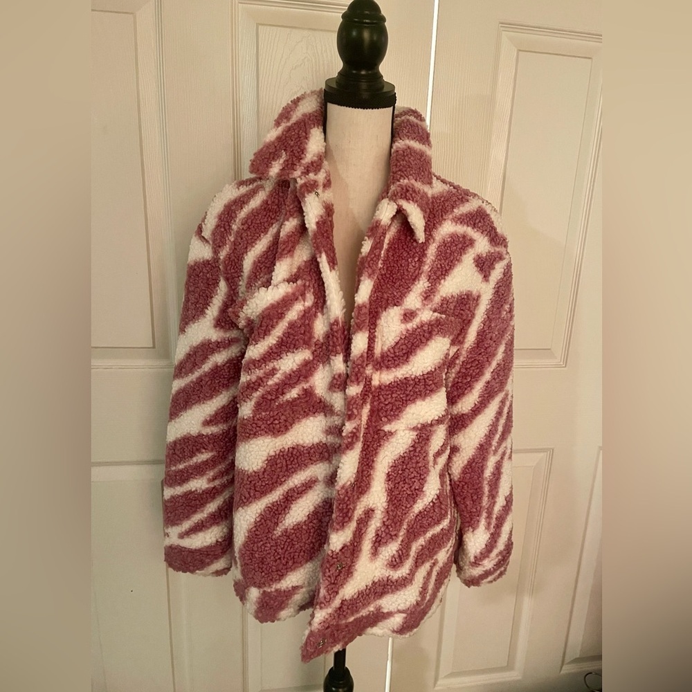 NWOT Bar III Women's M Pink Zebra Print Faux‎ Fur Mid-Length Coat